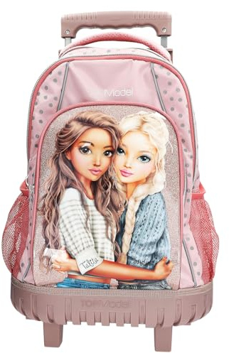 Depesche 14009 TOPModel Dots - Schulrucksack Trolley in Rosa, mit Model Motiv, Punkte-Muster und Glitzer, Schultasche mit Teleskopgriff und Rollen