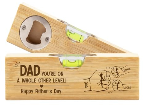 Personal Chic Personalised Wooden Spirit Level Bottle Opener - You're On A Whole Other Level - Fist Bump Dad Gifts for Fathers Day, Personalised Dad Gift, Grandad Gifts, Dad Bottle Opener (Model #1)
