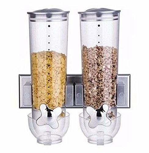 Double Cereal Dispenser Dry Food Storage Container Dispense Machine White Black (Wall Mounted Double Silver)