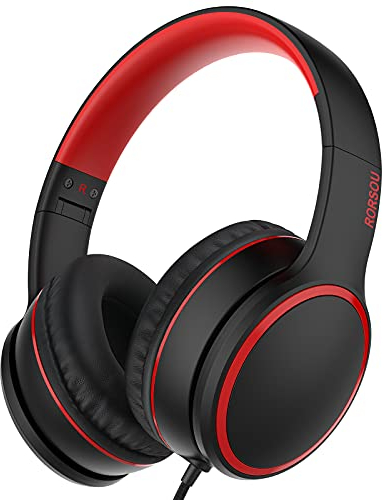 RORSOU R10 On-Ear Headphones with Microphone, Lightweight Folding Stereo Bass Headphones with 1.5M No-Tangle Cord, Portable Wired Headphones for Smartphone Tablet Computer MP3 / 4 (Black)