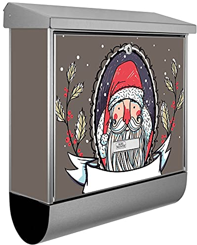 banjado® Burgwächter Briefkasten Edelstahl 38x39x12cm mit Motiv Merry Xmas/Briefkasten Edelstahl ohne Zeitungsfach/Briefkasten grau/Postkasten inkl. Montagematerial & 2 Schlüsseln