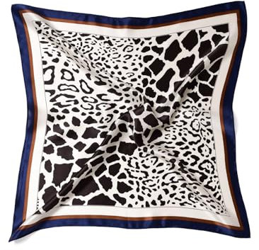 MayTree Seidentuch aus 100% Maulbeer-Seide - Quadratisch Safari schwarz weiss blau 53x53 - Luxuriöses Damen Halstuch - Eleganter Bandana-Schal für Damen - Luxus und Komfort für Erwachsene