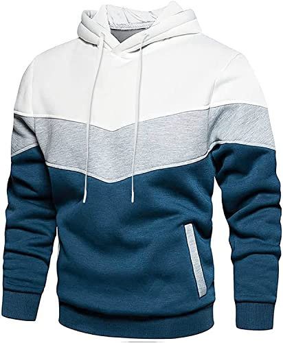 Loveternal Felpa con Cappuccio per Uomo Patchwork Pullover in Pile per Donna Manica Lunga Monocolore Blu Bianco Felpa Casual Sport Outwear Felpa con Cappuccio Top Streetwear Pullover con Tasca XXL