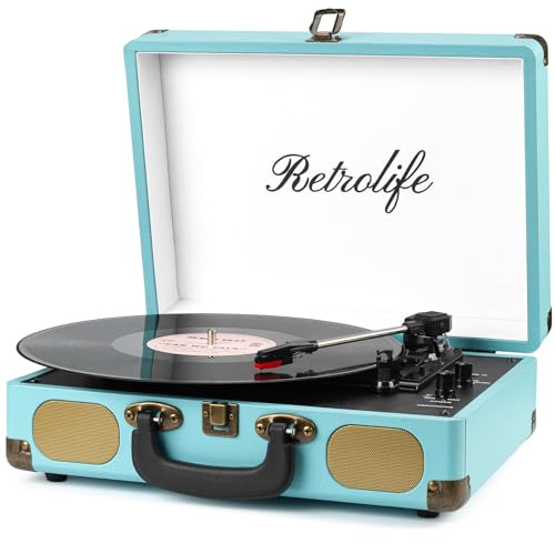 Record Player with Speakers 3-Speed Bluetooth Suitcase Portable Vinyl Record Player Belt-Driven RCA Line Out AUX in Headphone Jack Vinyl Vintage Turntable Blue