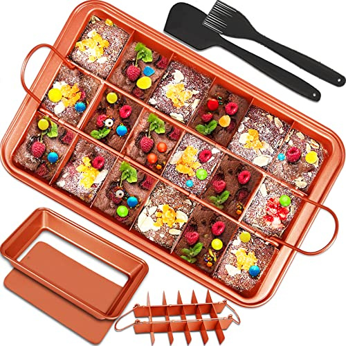 Brownie Pan with Dividers, Brownies Pan with Cutter, Nonstick Brownie Baking Pan with Spatula Brush, Rectangular Cake Pans All Edges Brownie Mold Tray for Baking Bread Cookie Bites Biscuit Muffin, etc