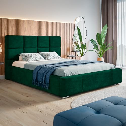 MOTIVENA Luna Bett 180x200 Grün Samt, mit Stauraum, mit Kopfteil, mit Lattenrost, mit Füßen, ohne Matratze, Polsterbett 180x200 mit Bettkasten Grün (Dunkelgrün)