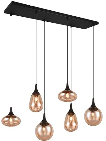 Trio Leuchten Pendelleuchte Lumina 317000613, Metall Schwarz matt, Glas amber, exkl. 6x E14, Bernsteinfarben, Amberfarbig