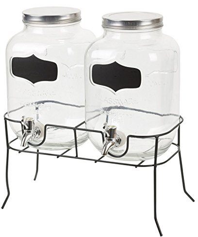 EliteKoopers 4 Litres Dual Double Glass Jar With Stand Screw Lid Jugs Tap For Beverage Drinks Dispenser Summer Party Mason Jar Drinking Lemonade etc. (Design 2)
