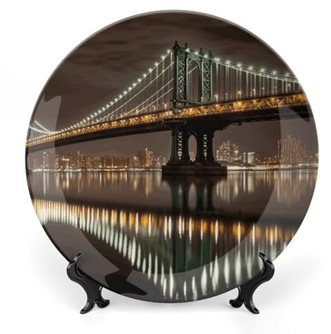 Assiette décorative en porcelaine anglaise avec support de présentation New York Manhattan Bridge Night Assiettes décoratives rondes en céramique pour la maison et le bureau Décoration murale 17,8 cm