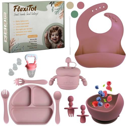 Vajilla Para Bebe de Silicona - Vajilla Niños | Baby Tableware, Blw Utensilios, Plato Ventosa Bebe, Vaso Aprendizaje Bebe 6 Meses Precucharas Bebe, Cucharas Bebe Aprendizaje, Guía Recetas BLW, Rosa