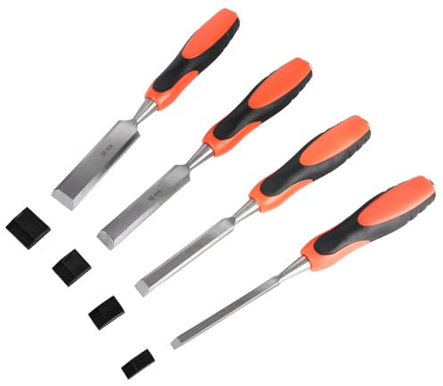 Stechbeitel Set für Holz 4tlg. - Scharfes Stecheisen Set (6, 12, 19, 25mm) mit Schutzkappe, Profi Holzmeißel Set mit 25° Keilwinkel und Robuster Metall-Schlagkappe für Anfänger und Profis