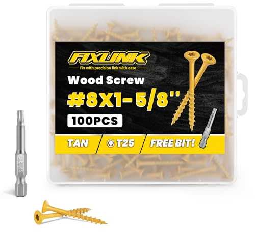Wood Screws 1-5/8 Inch, 100PCS, FIXLINK #8 x 1-5/8 Deck Screws, Tan