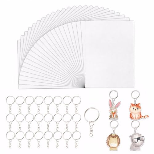 LEOINAER Schrumpffolie Set Bastelmaterial DIY Kit mit 25 Schrumpfplastikfolien + 25 Schlüsselanhängern 7.9x5.7 Zoll Glatt & Matt für Kinder & Erwachsene