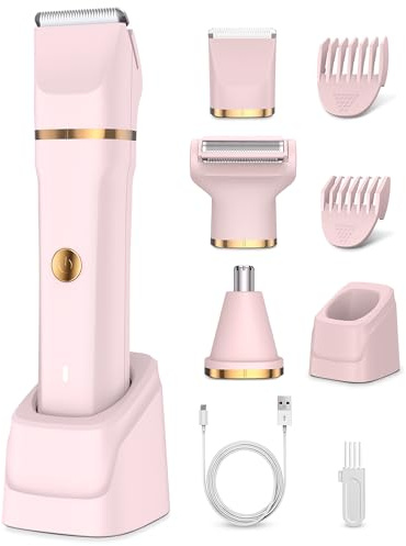 Rasoir électrique 3 en 1 pour femme, pour le corps, le pubis et le nez, IPX7, étanche IPX7, utilisation humide et sèche, tondeuse rechargeable pour femme, station de charge USB, rose