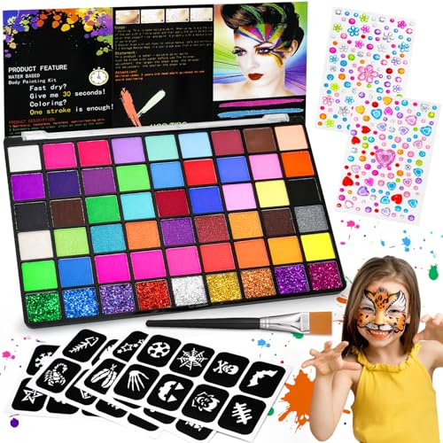 Gigmeta Kinderschminke Set - 54 Gesichtsfarben Kinderschminken Set inkl. professionellen Pinsel, 4 Schablonen, 2 Diamant-Sticker - Ideal für Halloween, Theater & Bodypainting
