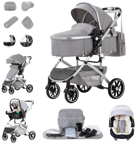 Zkiprm Passeggino combinato 3 in 1, con ovetto, fino a 22 kg, pieghevole, telaio in alluminio, zanzariera/copertura per la pioggia, borsa per mamma inclusa, 0-4 anni