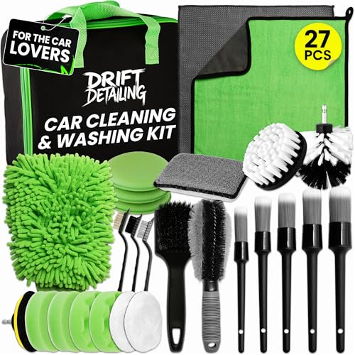 27 Pcs Car Cleaning Kit with Detailing Brushes - Complete Valeting Kit for Interior & Exterior - Includes Alloy Wheel Brush, Drill Polishing Pads & Wash Mitt - Professional Car Washing Gift for Men