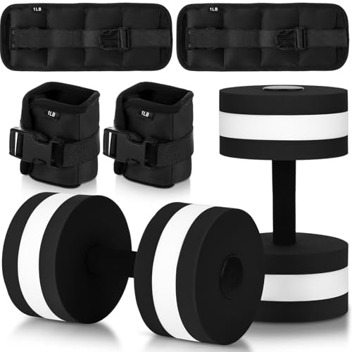 Hollowfly Water Aerobics Set, 4 Piece Pool Exercise Kit (2 Aquatic Dumbbells + 2 Ankle/wrist Weights), EVA Foam, Low-impact Workout(Black,1lb)