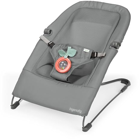 Ingenuity Hamaca Bebé Mecedora Stow & Go - Columpio Vibrante Portátil, Asiento Plegable Ligero 2,3 kg, Calmante Vibración, Gris