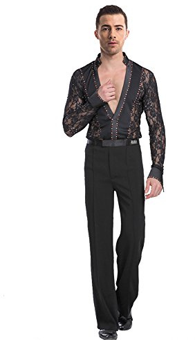 BOZEVON Hombres Cordón Translúcido Mangas Largas Latín Baile Camisa & Pantalones Actuación Ropa Escénica Disfraces Bailando Jazz Trajes, Negro(Set), Tag L = EU M