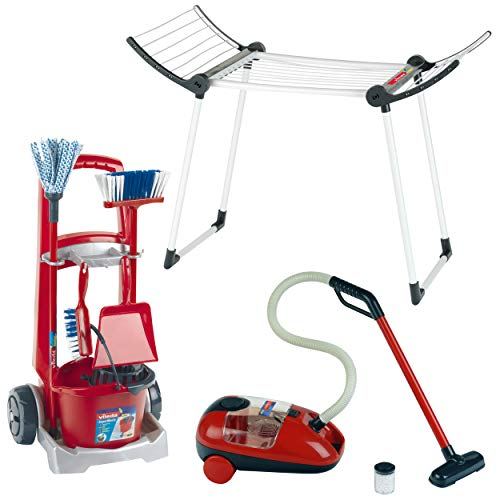 Theo Klein 6792 Vileda Haushalt Mega Set Inkl. Besenwagen mit Putz-Zubehör, Wäscheständer sowie Staubsauger mit Saug-und Soundfunktion Spielzeug für Kinder ab 3 Jahren