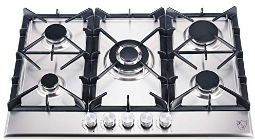 K&H Edelstahl Gaskochfeld 70cm [5 ZONEN] - Gasherdplatte Erdgas - Propangasherd Wok Brenner - 5Z-KHSSW - Autark - Gusseisen Topfträger - Elektronisch - Metall Drehknöpfe - Abschaltautomatik