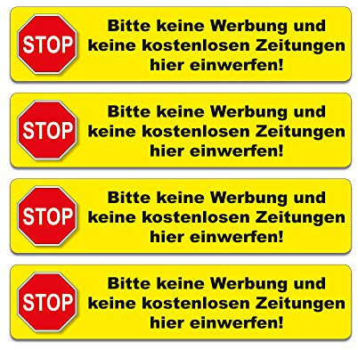 4 Aufkleber - Bitte keine Werbung und keine kostenlosen Zeitungen.. - 91 x 20 mm (gelb)