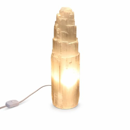 Lámpara de Torre de Selenita, Grande, Blanco Natural, Curación, Claridad y Meditación, Lámpara de Mesa de Cristal, Piedra Preciosa, Regalo, Mineral, Decorativo (35 cm)