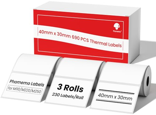 3 Rollen Phomemo Etiketten 1.57 x1.18 (40x30mm) selbstklebende Thermodirekt-Etiketten, Thermo-Etikettenpapier für Phomemo M110/M120/M220/M200 Etikettierer, für Barcode, Adresse, Preis etc.