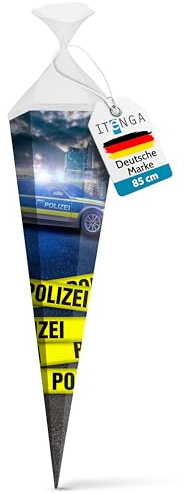 itenga Schultüte 85cm groß Polizei 6eckig Einschulung Schulanfang - Zuckertüte für Jungen und Mädchen mit Polizeiauto und Polizeiabsperrung