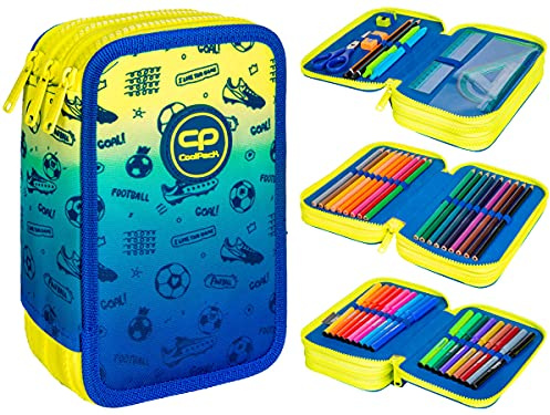 COOLPACK 3 Compartments, 44 Piece Pencil Case, Pencil Case, 3 Compartments, School Pencil Case for Boys, Jumper 3 with School Furniture, Unisex, Large Filled, Ombre (Football)
