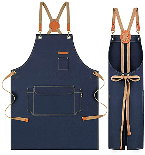 Genixart Chef Apron for Men Women with Pockets - Cross Back Kitchen Apron Cooking, Baking, BBQ, Art Painting - Cotton Canvas Work Aprons for Gardening, Restaurant, Cafe, Bar, Shop (1, Blue)