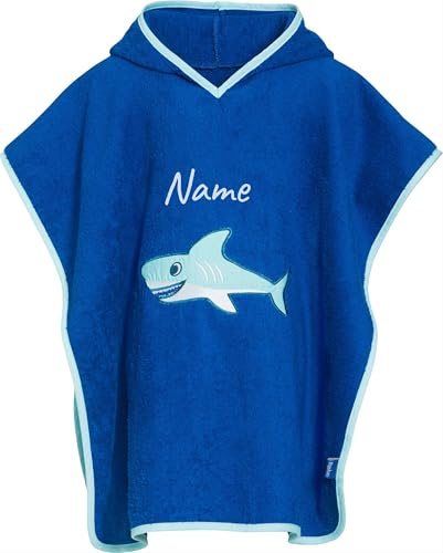 Playshoes Hai Poncho personalisiert - Bademantel Handtuch Unisex Kinder, Gr. S (bis ca. 4 Jahre) - mit Namen bestickt, Kapuze, 100% Baumwolle, Geschenk zur Geburt Taufe Kita