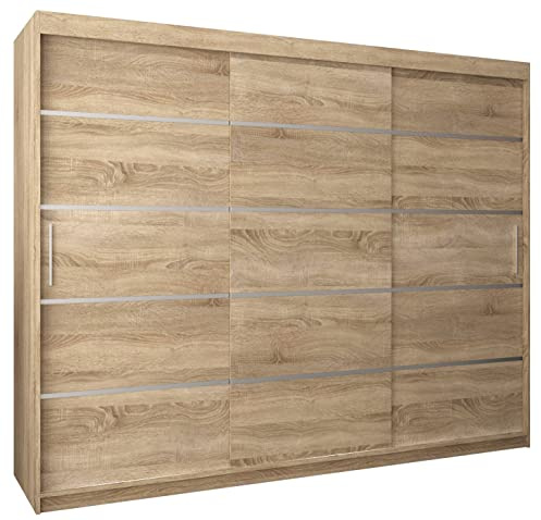 MEBLE KRYSPOL Schwebetürenschrank Verona 1 250 cm Kleiderschrank mit Kleiderstange und Einlegeboden Schlafzimmer- Wohnzimmerschrank Schiebetüren Modern Design (Schubladen: 0, Sonoma)
