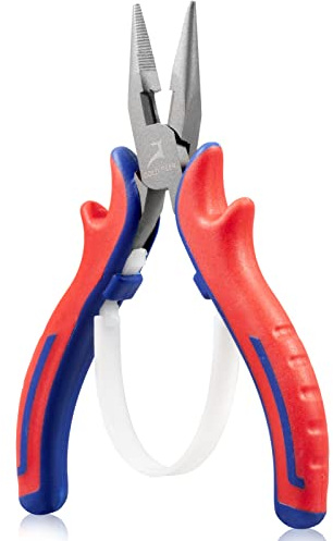 GOLD DEER 5 Mini Long Nose Pliers with Serrated Jaws Long Nose Needle Nose Pliers with Wire Cutters, CRV Steel Body with Teflon Finish and Professional Handle, Jewelry Plier for Fishing Wire Wrapping