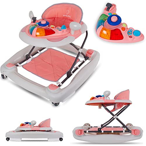 Girello bambino, primi passi,con funzione swing, luce and Melodia, da 6 Mesi Fino a 12 kg, Seduta Imbottita, Rimovibile e Regolabile in Altezza (Rosa)