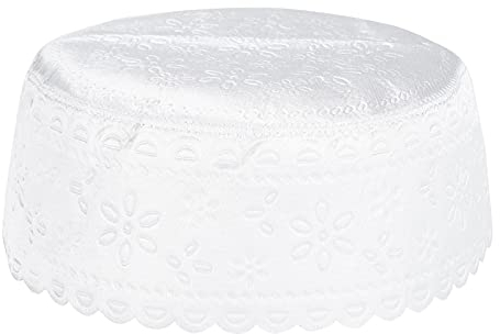 Muslimischer Gebetshut, Kufi-Mütze, Männer, weiße muslimische Gebetskopfbedeckung, islamische Gebetsmütze, Kofia Topi-Kappe für runde Kappe, männliche Moschee-Kopfbedeckung (56cm)