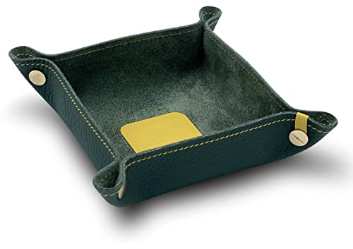 jabuti Edition Schlüsselschale/Taschenleerer 14 x 14cm feines Rindleder Forest-Grün mit Lamm Nappa Leder Applikationen Gelb. Handgefertigt in unserem Atelier