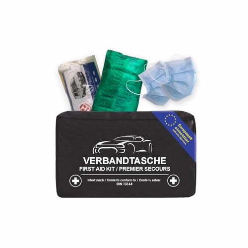 RAU KFZ-Verbandtasche schwarz - Inhalt: Erste Hilfe-Set nach DIN 13164 | aktuelle Norm 2026 - zertifiziert - ALLES geprüft auf StVO konform - Europaweit einsetzbar für PKW- Motorrad- In- und Ausland