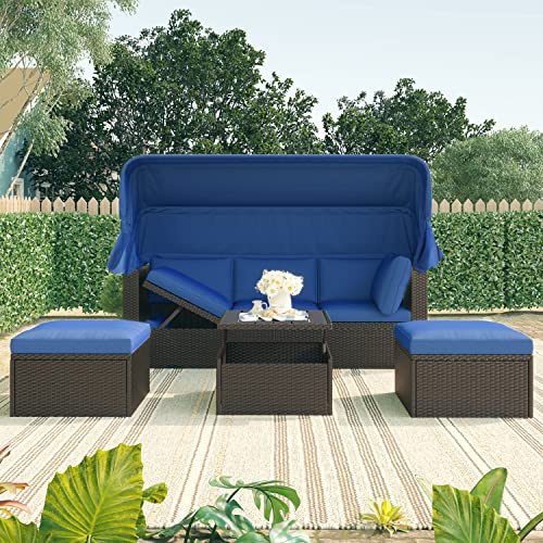 Merax Outdoor Patio Rectangle Daybed with Retractable Canopy, Wicker Furniture Sectional Seating with Washable Cushions, Backyard, Porch
