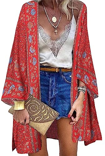 Cárdigans Kimono Floral Manga Larga Kimono Mujer Camisolas Casual Gasa Pareos Playa Ropa de Baño Verano Blusa Suelta Boho Bikini Cover Up Caftan Playa Chaqueta Mujer Chal Verano Boho Kimono de Playa