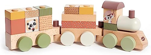 Tiny Love Treno di Legno, Trenino Legno Bambini, Gioco con Puzzle Forme e Colori con 3 Vagoni e 14 Blocchi Impilabili, Creatività, Abilità Motorie, Design Naturale, 18+ Mesi, Boho Chic