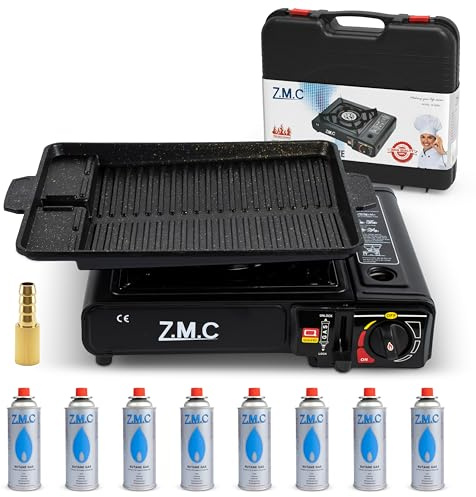 Z.M.C Gasspis med 1 flamma inkl. adapter för LPG + förvaringsväska + grillplatta 33 x 26 x 4 cm, 8 gaspatroner (227 g), campingkök med piezo-tändning