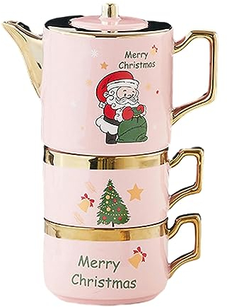 Teiera in ceramica stile nord europeo, set di tazze, set da tè Babbo Natale, soggiorno, uso domestico per ufficio casa ristorante - Una pentola, due tazze, rosa