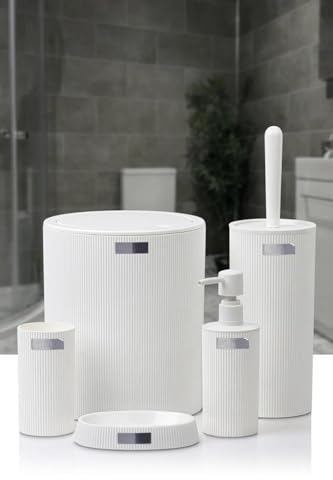 Badezimmer Zubehör Rund Badezimmer Set Luxus Modern Bad Zahnbürstenhalter Becher Toilettenbürste Set Seifenschale Mülleimer Seifenspender (Weiß)