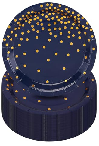 Marineblau Pappteller, CEILWIEN 50 Stück Marineblaue Pappteller mit Goldenen Punkten aus Folie, Geburtstag Partygeschirr, Papier Teller, Goldfolie Partygeschirr, 7 Zoll/18CM (Marineblau Goldene/7’’)