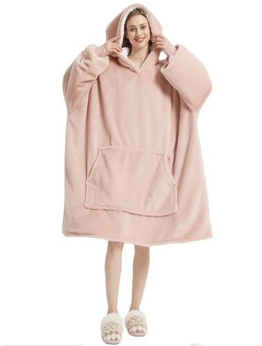 SASIGAYA Sherpa Hoodie Decke mit Ärmeln Plüsch Übergroße Tragbare Kuscheldecke mit Kapuze Warme Ärmeldecke Super Weiche Gemütliche Ganzkörperdecke Warme Komfortable Hoodie für Damen Geschenke Rosa