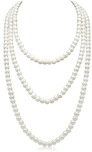 GNHG Collar Elegante de Perlas Artificiales Blancas para Mujer - Largo Accesorio de Ropa para Damas y Niñas - Ideal para Fiestas
