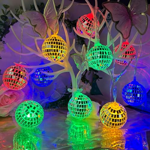 Morofme 10 Mini Bunt Disco Kugel Lichterkette, Disco Licht mit Partyatmosphäre im 70er Jahre Stil, Hängende Verspiegelte Mini Discokugel Lichterkette für Wände, Fenster, Innen, Außen Party Dekoration