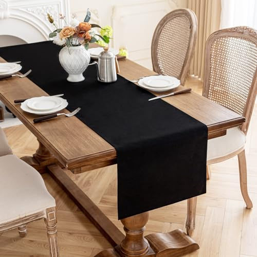 AooHome Tischläufer Schwarz 40X220cm, Tischdeko Leinen-Optik Abwaschbar Tischband aus Polyester Wasserabweisend mit Lotuseffekt, Dauerhaft Kratzfest für Esszimmer Hochzeiten Party Weihnachten